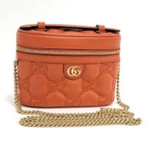 GUCCI Chain Shoulder Bag GG Matelasse Top Handle Orange
